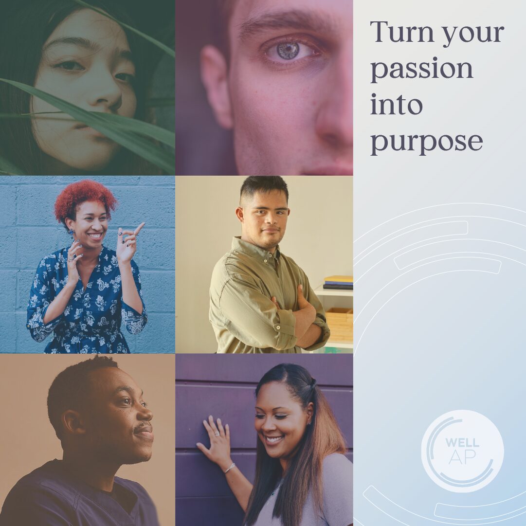 WELL AP Credential ad: a grid of six faces with the headline Turn your passion into purpose.