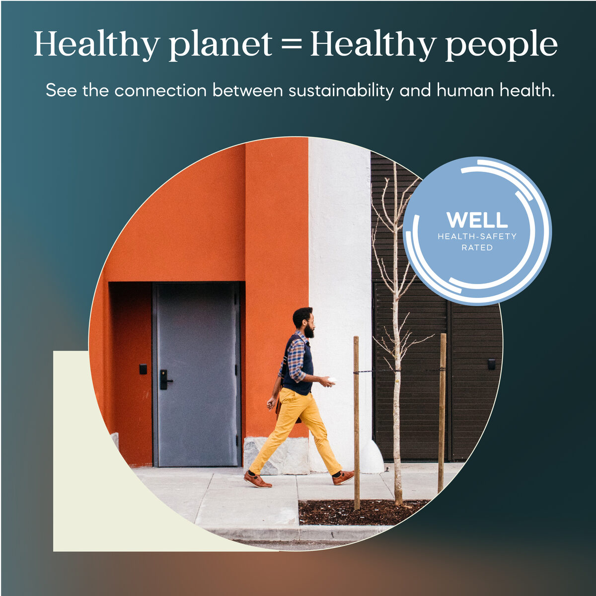 WELL Health-Safety Rating ad: a man walking past an orange wall with the headline Healthy planet equals Healthy people.
